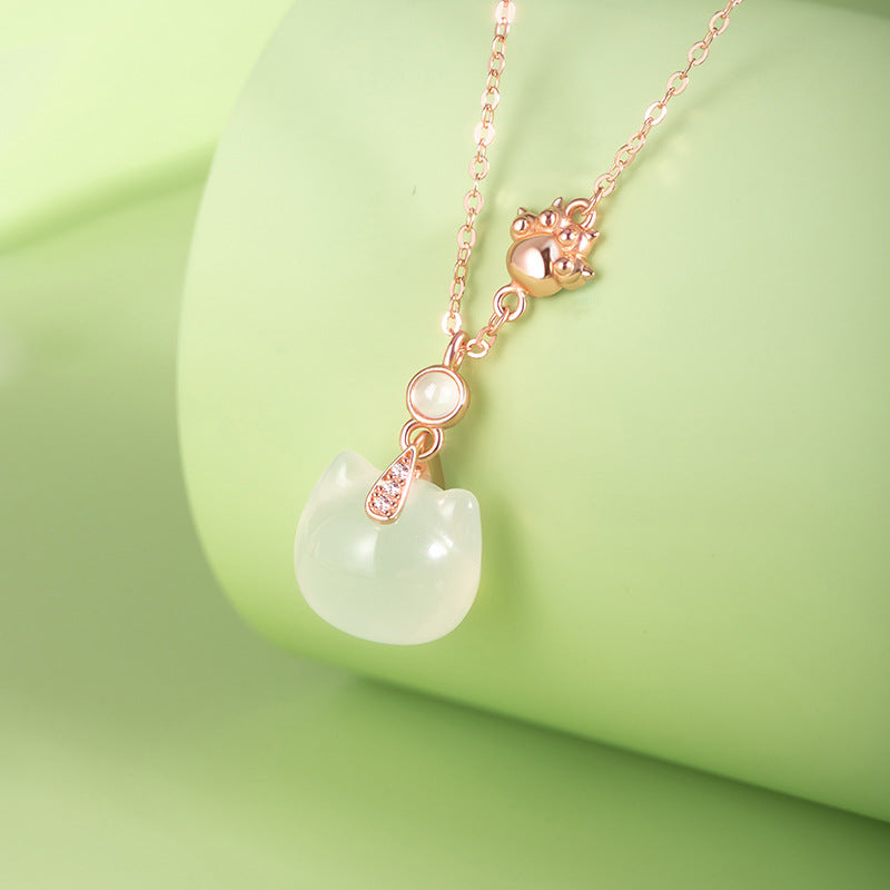 National Fashion Cat White Chalcedony Necklace Female Original S925 Sterling Silver Cat Claw Clavicle Chain Internet Celebrity Live Supply Delivery