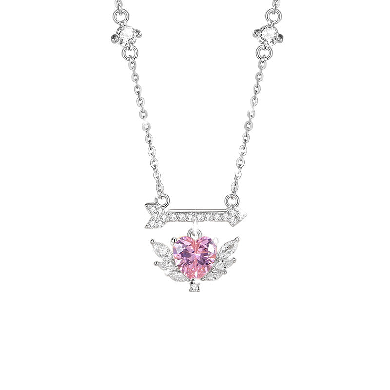 Women's 925 Sterling Silver Necklace with One Arrow, Fashionable All-Match Angel Wings Clavicle Chain, INS Love Pendant