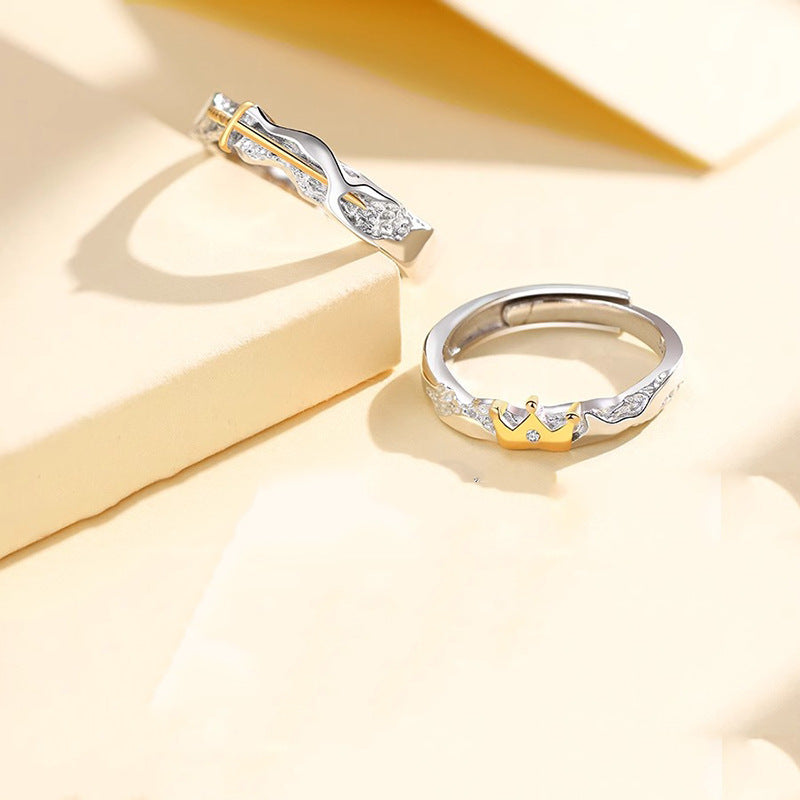 Princess and Knight Sterling Silver 925 Couple Ring Men and Women Fashion Versatile Ring Ins Valentine's Day Crown Ring