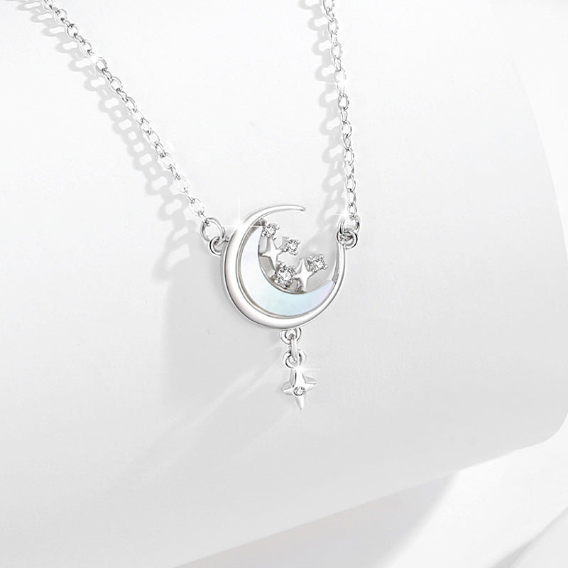 Star Moon Sterling Silver 925 Necklace Female Niche Design Light Luxury Tassel Clavicle Chain Get Things Ins Zircon Pendant