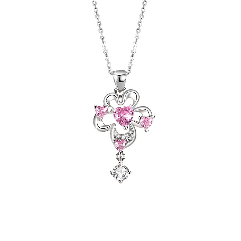 Flower Sterling Silver 925 Necklace Female Niche Design Light Luxury Tassel Clavicle Chain Get Things Ins Pink Love Pendant