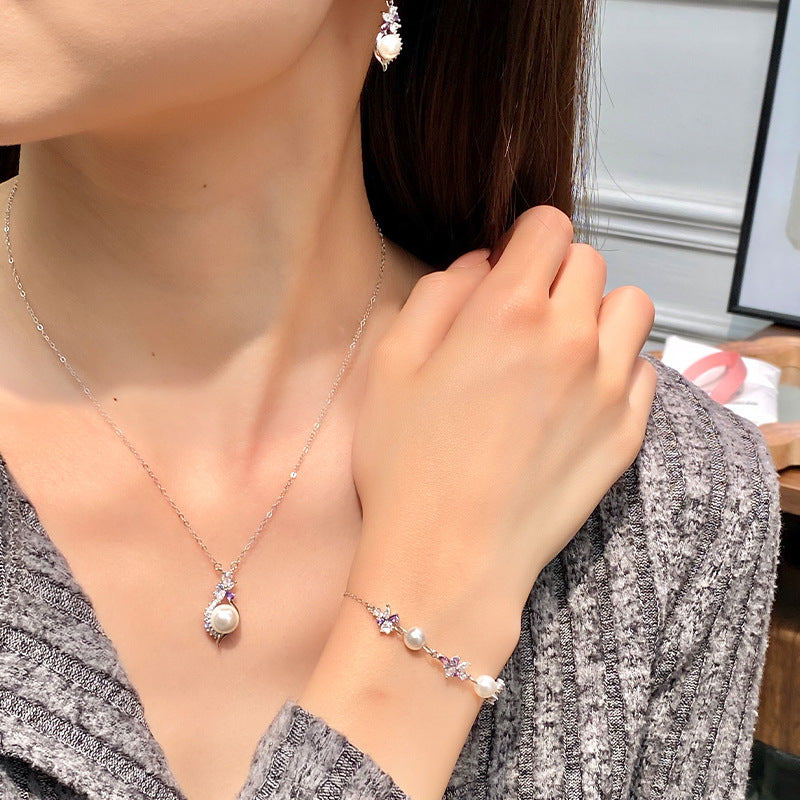 2026 New Chinese Style Wisteria Pearl Butterfly Silver Jewelry Set Women's Light Luxury Niche Necklace Bracelet Earrings Wholesale