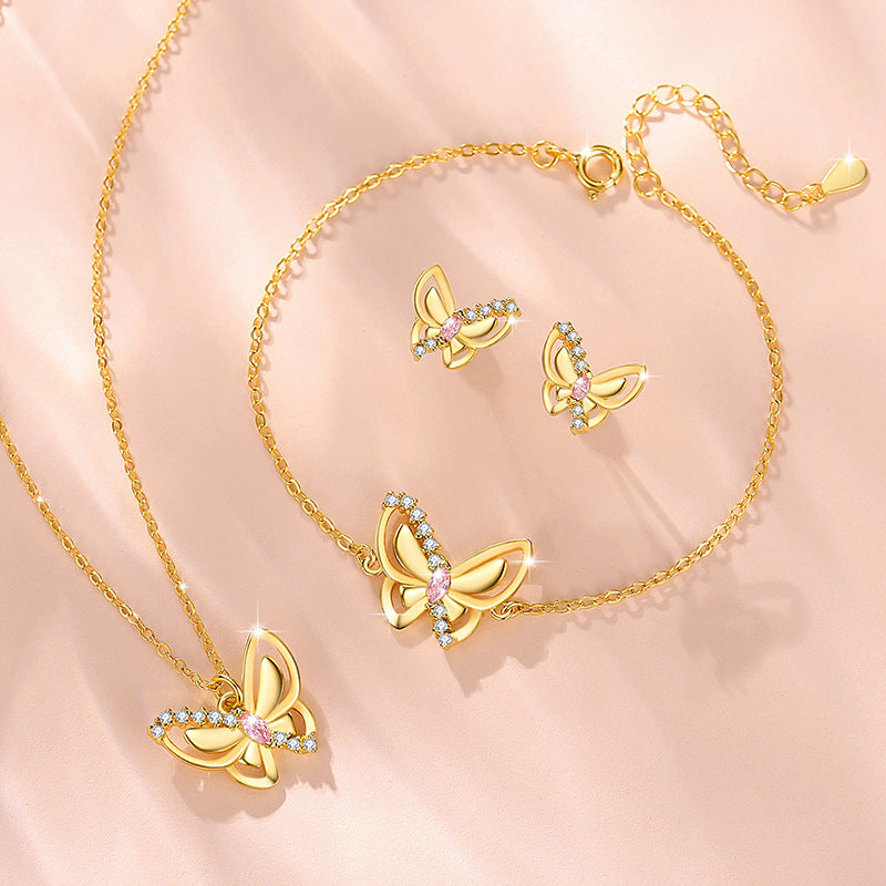Butterfly Sterling Silver 925 Necklace Female Niche Design Light Luxury Pink Diamond Clavicle Chain Get Things Ins Style Wings Pendant