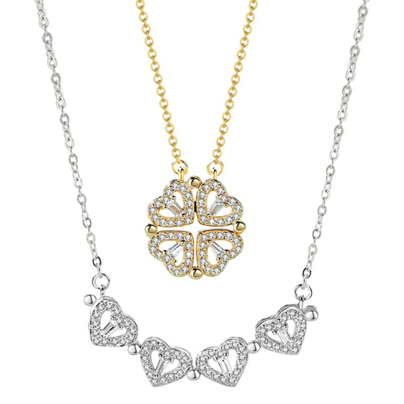 Lucky Clover Sterling Silver 925 Necklace Niche Design Magnetic Clavicle Chain a Two-Piece Zircon Love Pendant