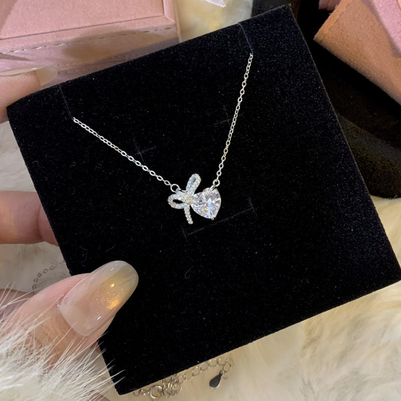 Bow 999 Pure Silver Necklace Female Cute Sweet Style Lovely Clavicle Chain Little Red Book Style Princess Pendant