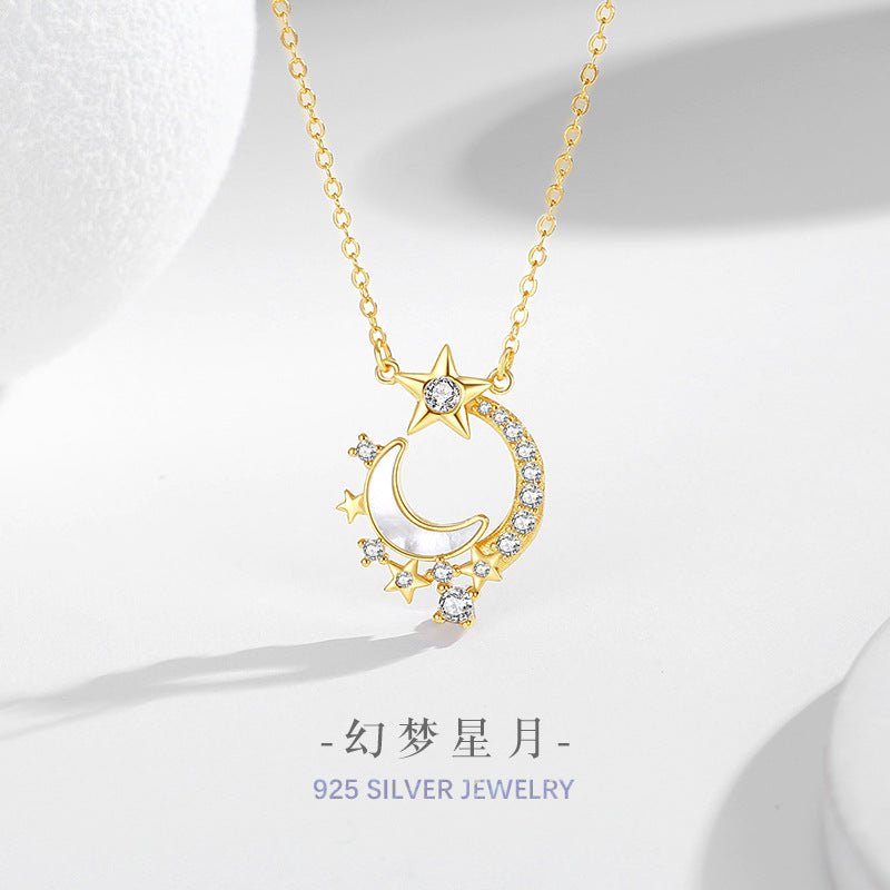 Moon Sterling Silver 925 Necklace Female Niche Design Light Luxury White Fritillary Clavicle Chain Ins Style Star Zircon Pendant