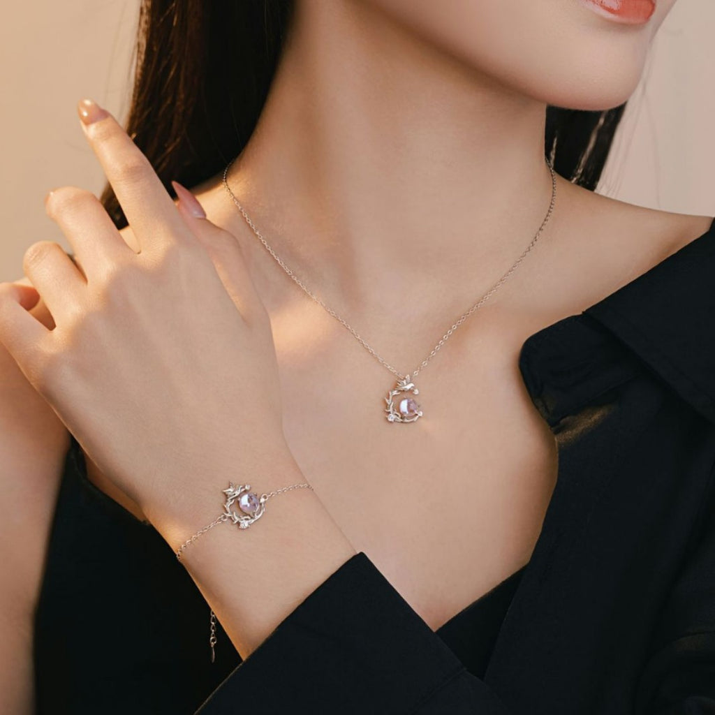 Blue Eucalyptus and Bird Sterling Silver 925 Necklace Women's Light Luxury High-Grade Glazed Stone Clavicle Chain Ins Valentine's Day Gift Pendant