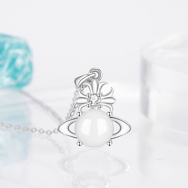 Fantasy Saturn Sterling Silver 925 Necklace Women's Light Luxury High-Grade Chalcedony Planet Clavicle Chain Ins Style Star Pendant