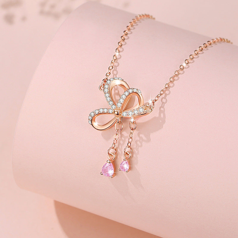 Bowknot Sterling Silver 925 Necklace Women's Fashion All-Match Love Clavicle Chain, INS Style Zircon Tassel Pendant