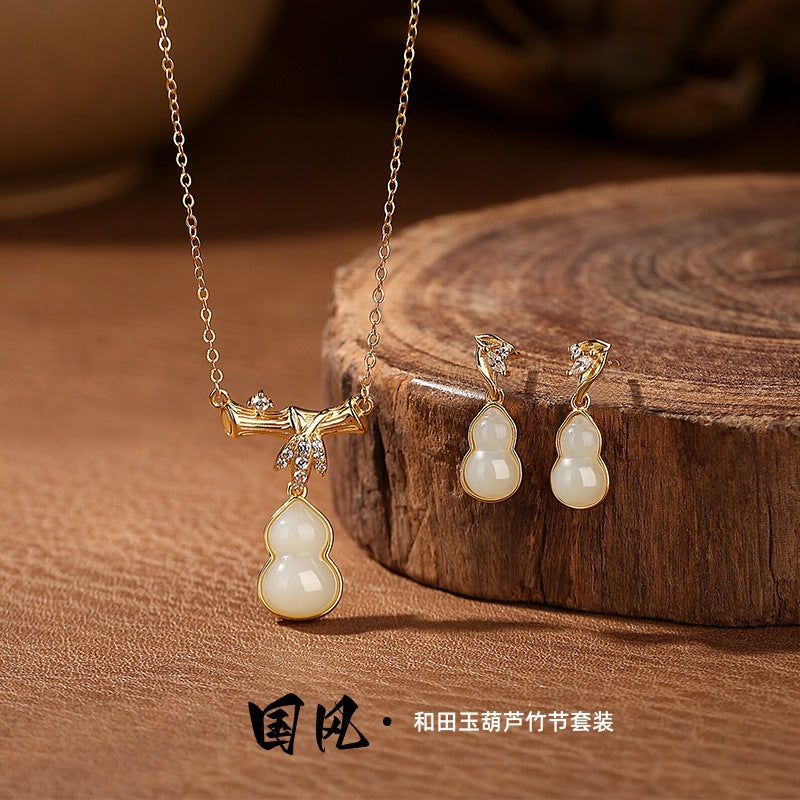 New Chinese Style Hetian Jade Set S925 Sterling Silver Gourd Necklace Ear Studs High-Rise Fu Lu National Style Light Luxury Jewelry