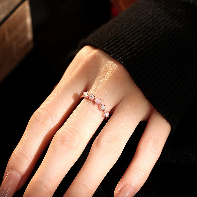 Girl Heart Gentle Style Korean Style Ring S925 Silver Inlaid Glass Stone Zircon Niche Fashion Adjustable Ring