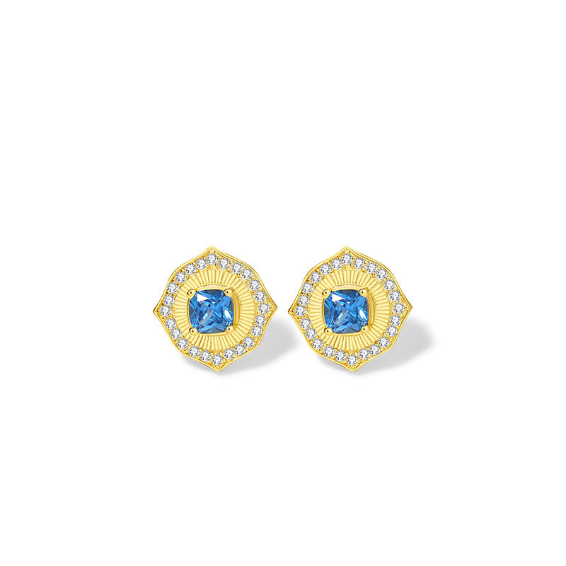 Ocean Heart Sterling Silver 925 Stud Earrings Women's Light Luxury High-Grade Navy Blue Zircon Square Sugar Earrings Ins Style Lovely Earrings