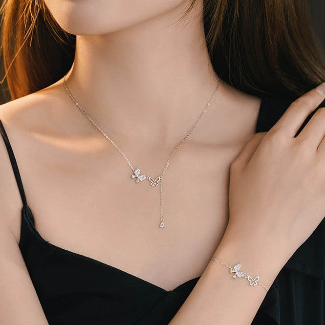 Butterfly Pure Silver 999 Necklace Women's Light Luxury High-Grade Star Tassel Zircon Clavicle Chain Small Red Book Same Pendant