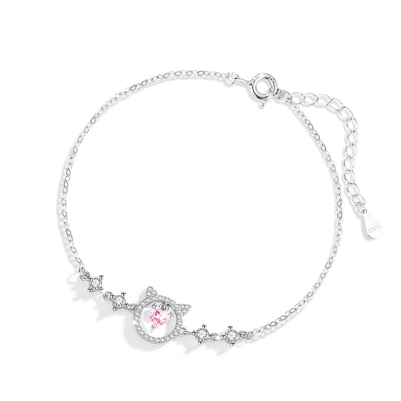 Sweet Cat Sterling Silver 925 Bracelet Female Niche Design Light Luxury Pink Diamond Star Bracelet Ins Style Lovely Bracelet