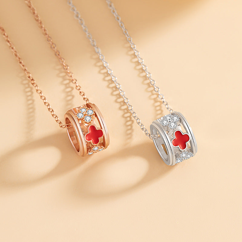 Small Waist Sterling Silver S925 Necklace Women's Light Luxury Small Zircon round Clavicle Chain Lucky Clover Pendant