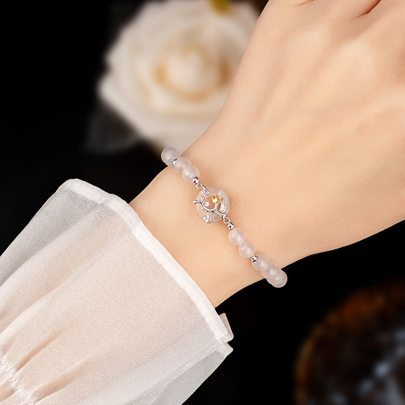 S925 Sterling Silver Bamboo White Agate Bracelet Female New Chinese Style High-Rise Light Luxury Niche Birthday Gift for Girlfriend Female
