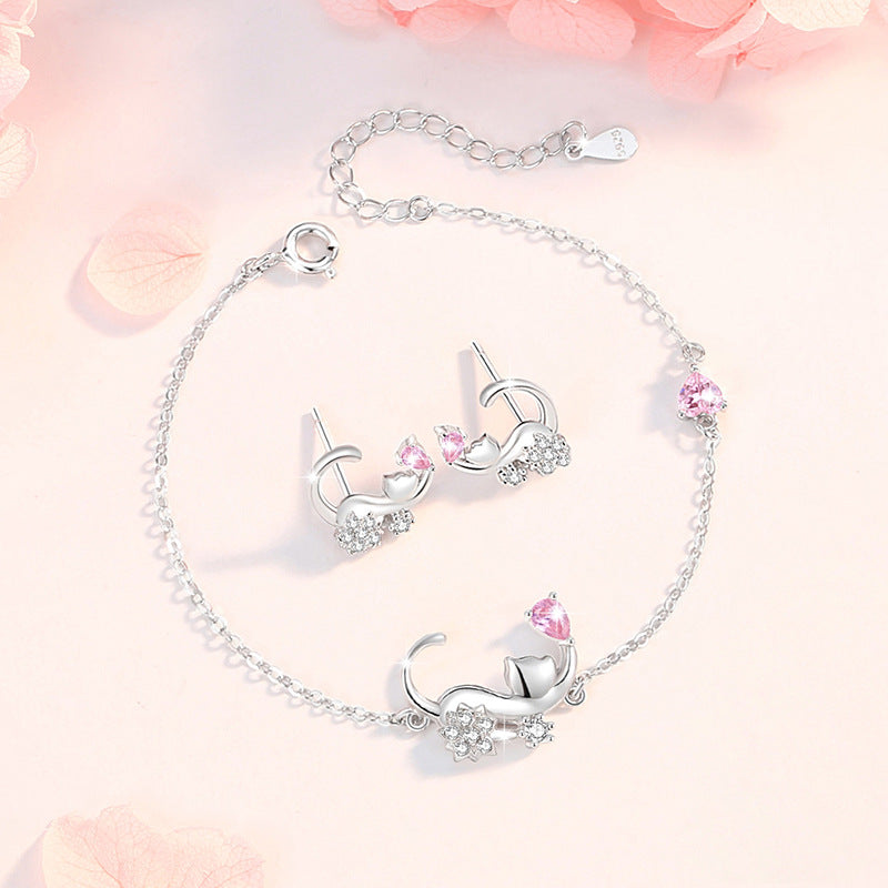 Cute Cat Sterling Silver 925 Bracelet Female Niche Design Light Luxury Pink Diamond Bracelet Valentine's Day Gift Ins Cat Bracelet