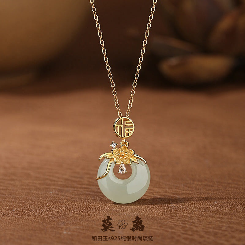 New Chinese Style Hetian Jade Moli Necklace S925 Sterling Silver Lucky Princess Buckle Clavicle Chain Niche Light Luxury Accessories Wholesale