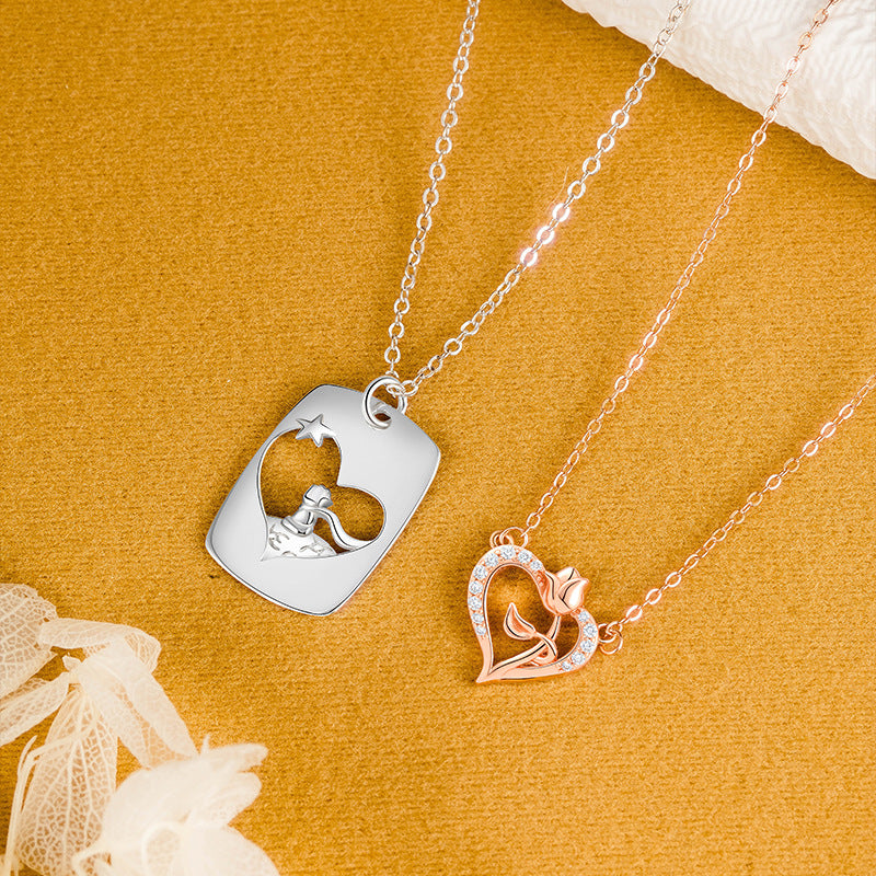 Fairy Tale Style Little Prince Rose Couple Necklace S925 Sterling Silver Design Gift for Girlfriend Boyfriend Anniversary Confession Token