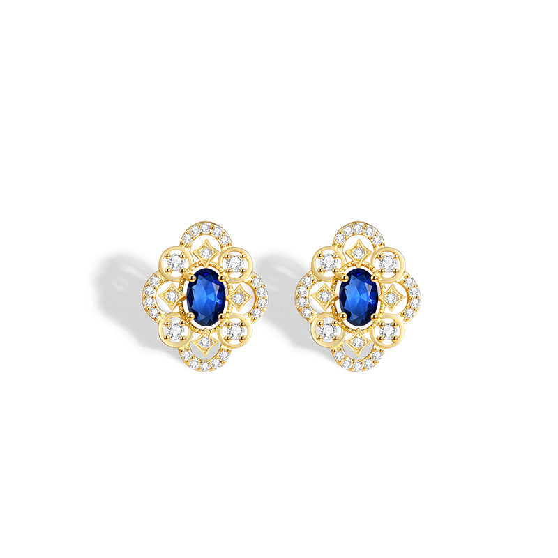 Clover Sterling Silver 925 Stud Earrings Female Niche Design Light Luxury Blue Zircon Flower Earrings Ins Style Lovely Earrings