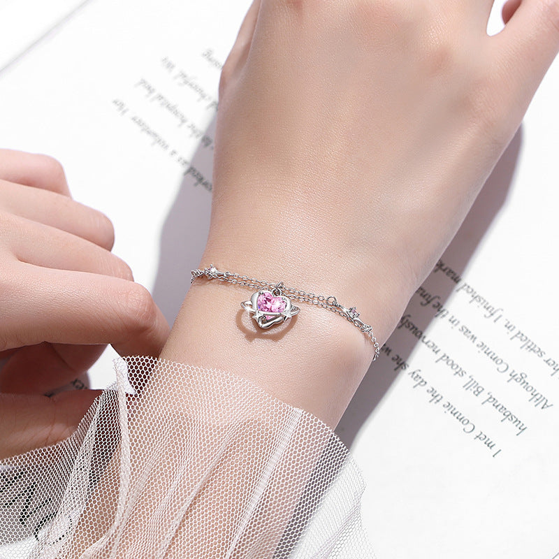 Lovely Sterling Silver 925 Bracelet Female Niche Design Light Luxury Star Pink Diamond Bracelet Qixi Ins Style Planet Bracelet