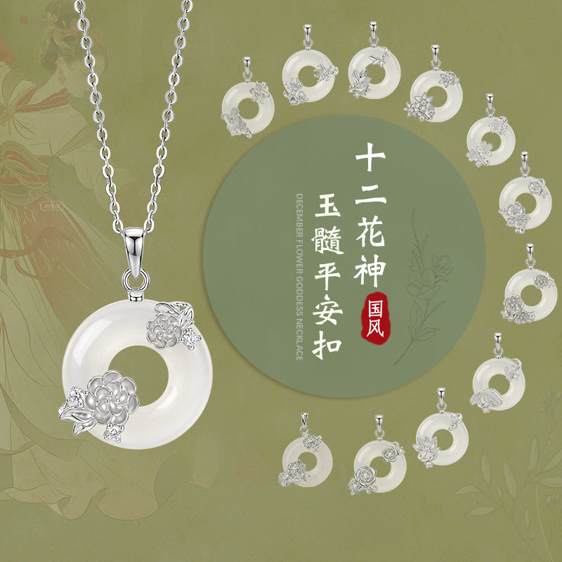 Halskette aus 925er Sterlingsilber – Lotusblüte und Scheibe und Chalcedon