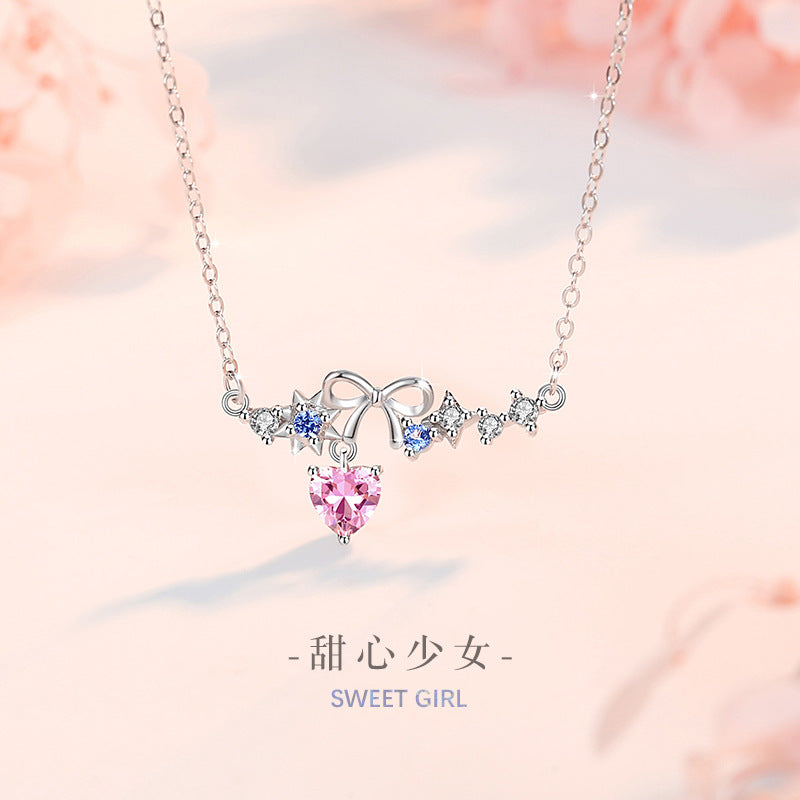 Lovely Sterling Silver 925 Necklace Women's Fashion All-Match Star Pink Diamond Clavicle Chain Ins Style Bow Tassel Pendant