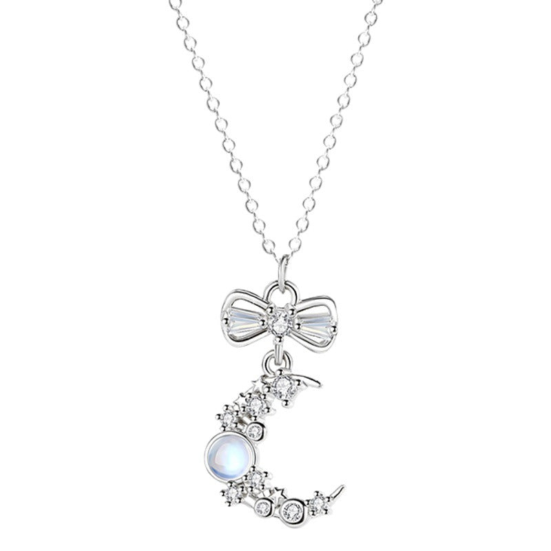 Moon Sterling Silver 925 Necklace Women's Niche Design Light Luxury Bow Clavicle Chain Zircon Moonstone Pendant