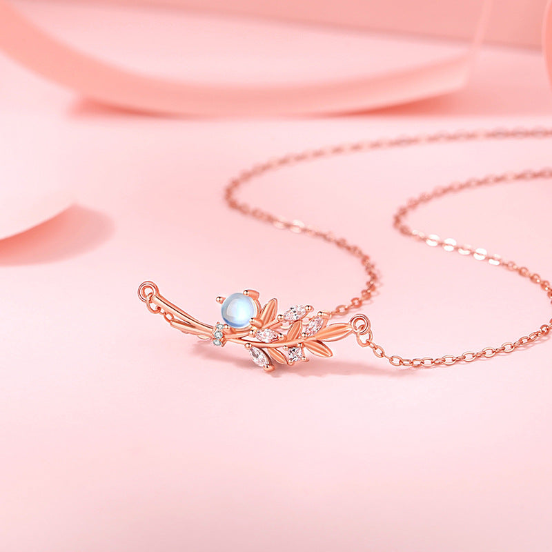 Golden Branch Jade Leaf Sterling Silver 925 Necklace Women's Niche Design Light Luxury Clavicle Chain Ins Style Zircon Branch Pendant