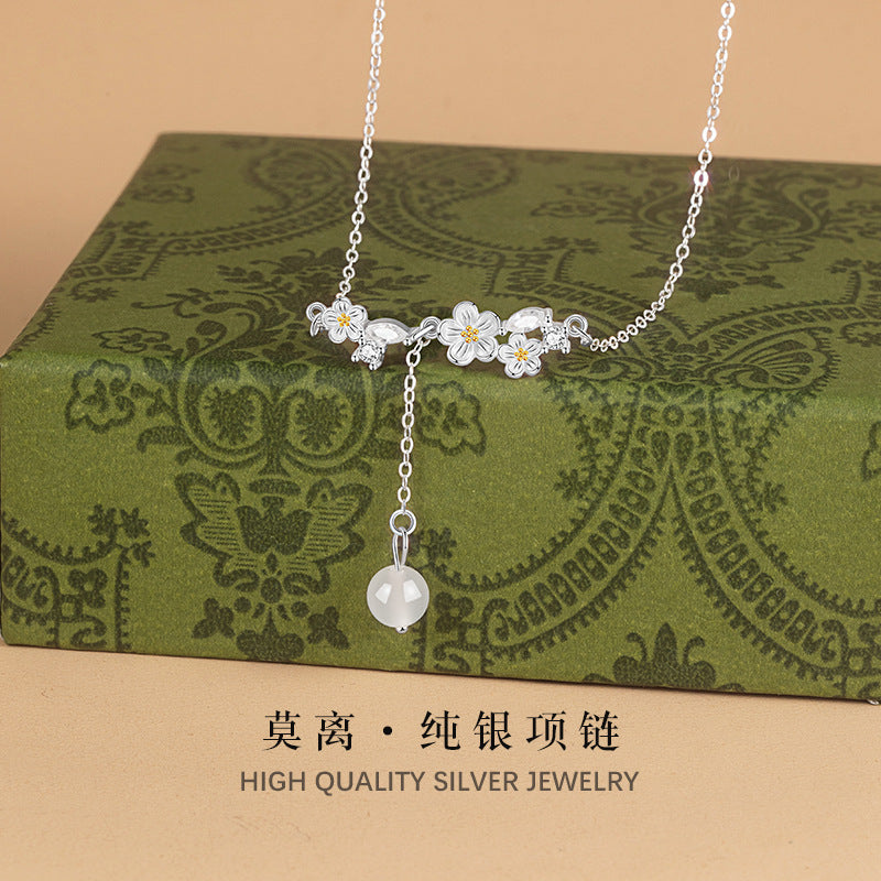 SOURCE Factory S925 Sterling Silver Moli Necklace Female New Chinese Flower Tassel White Agate Silver Jewelry Wholesale Gift Female
