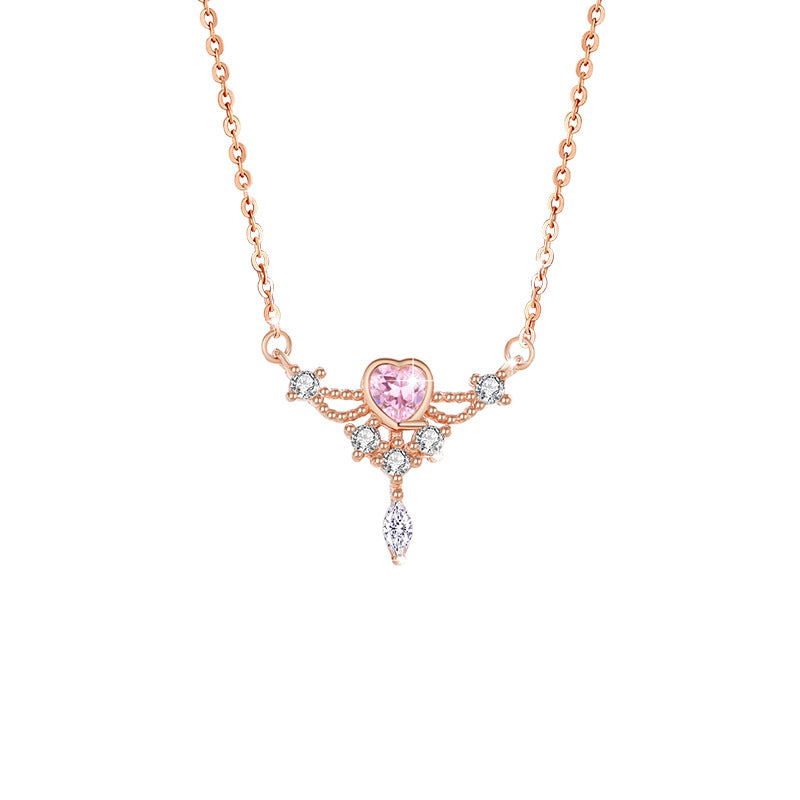 Lovely Sterling Silver 925 Necklace Female Niche Design Light Luxury Pink Diamond Clavicle Chain Get Things Ins Angel Wing Pendant