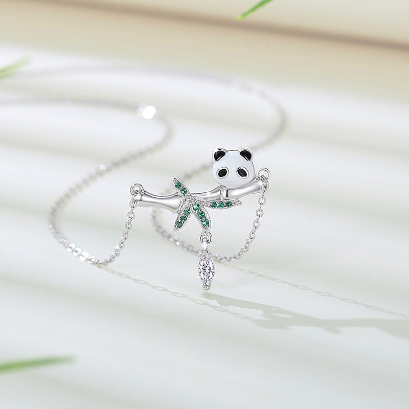 Panda Sterling Silver 925 Necklace Female Niche Design Light Luxury Tassel Zircon Clavicle Chain Ins Style Bamboo Pendant