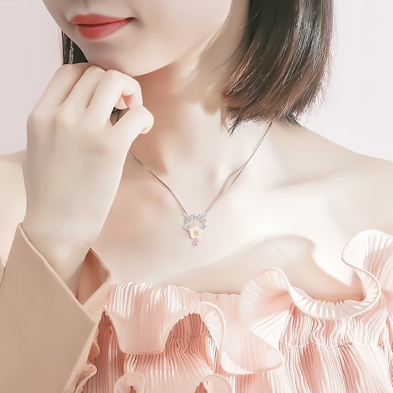 Cherry Blossom Sterling Silver 925 Necklace Female Niche Design Light Luxury Antler Clavicle Chain 520 Valentine's Day Love Pendant
