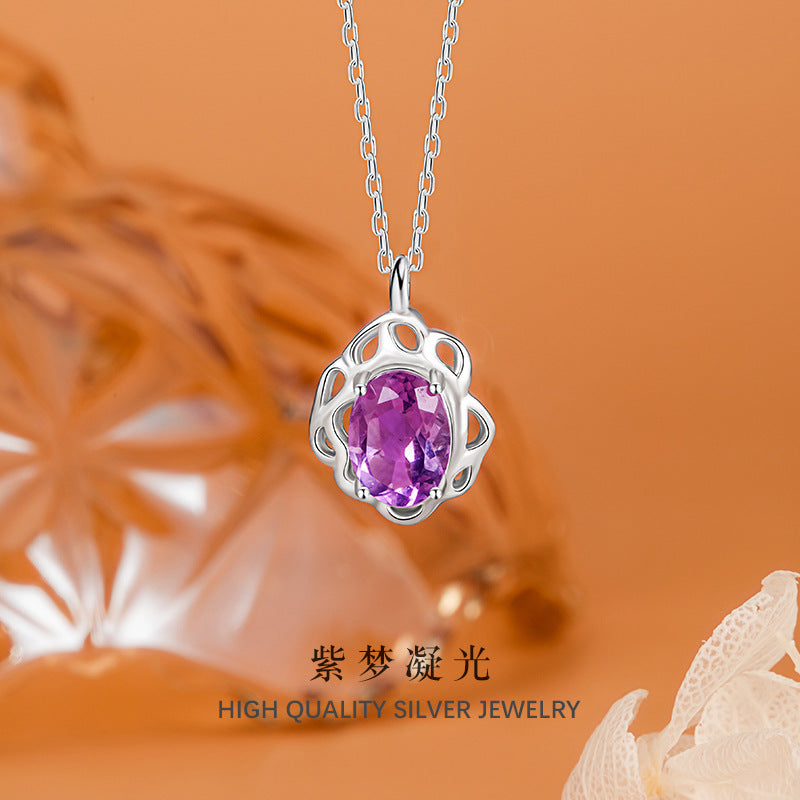 S925 Sterling Silver Natural Amethyst Pendant Female Light Luxury Niche Design Sense Hollow Petals Colorful Treasure Silver Necklace Wholesale