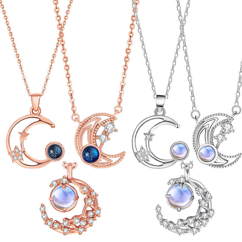 S925 Silver Original Design Star Moon Necklace Moonstone Starry Sky Stone Clavicle Chain Factory Wholesale Daily Jewelry Supply