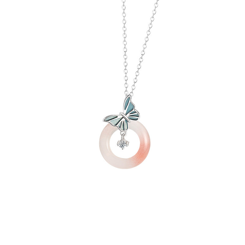 Butterfly Luminous Sterling Silver 925 Necklace Light Luxury High-Grade Salt Source Agate Clavicle Chain Ins Style Safety Buckle Pendant