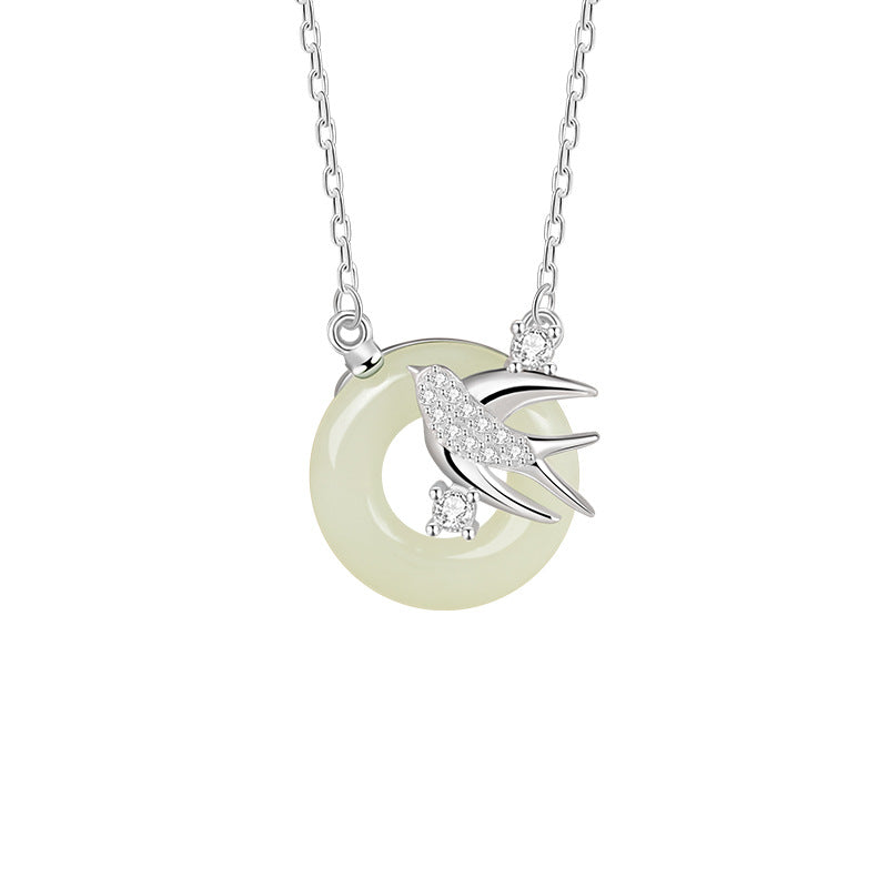S925 Sterling Silver Natural White Jade Necklace Female Niche Swallow Design 520 Gift Live Delivery One-Piece Delivery