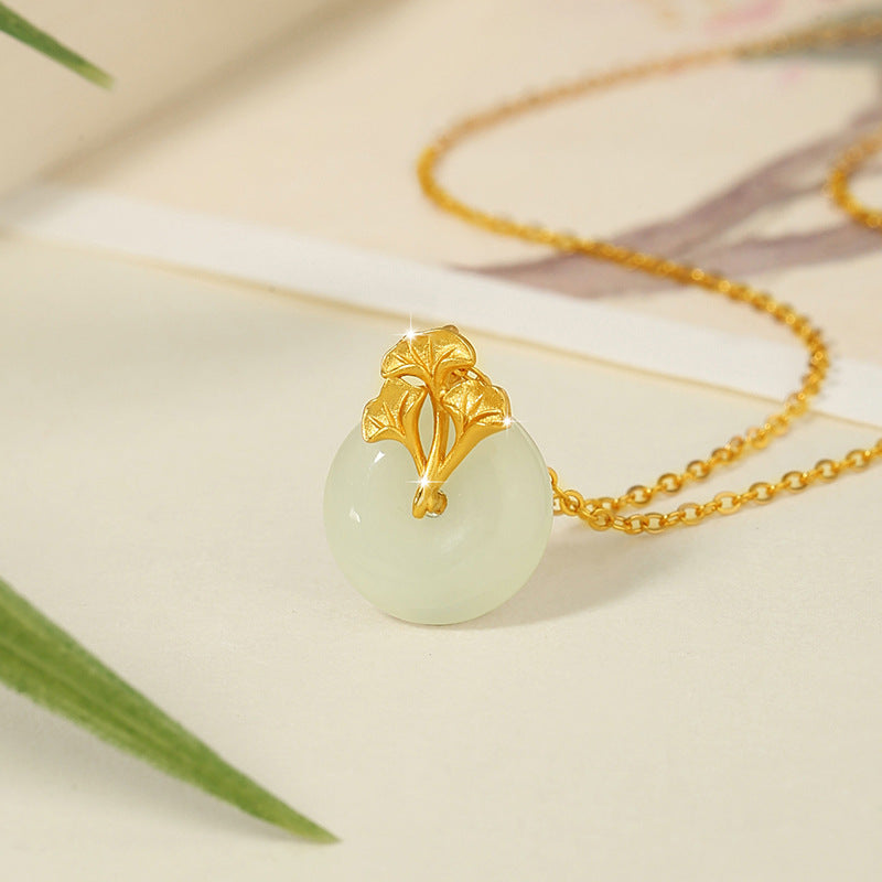 Original Sansheng Lucky Sterling Silver 925 Hetian Jade Necklace New Chinese Style Safety Buckle Clavicle Chain Ins Ginkgo Leaf Pendant