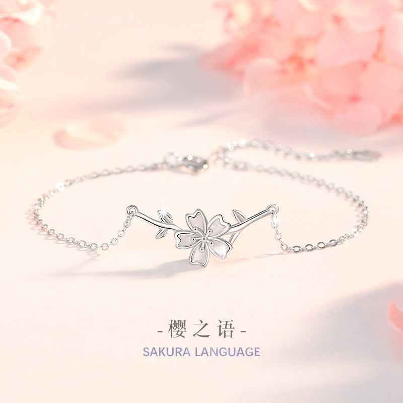 Cherry Blossom Sterling Silver 925 Bracelet Female Niche Design Light Luxury Love Flower Bracelet for Girls Ins Style Peach Blossom Bracelet