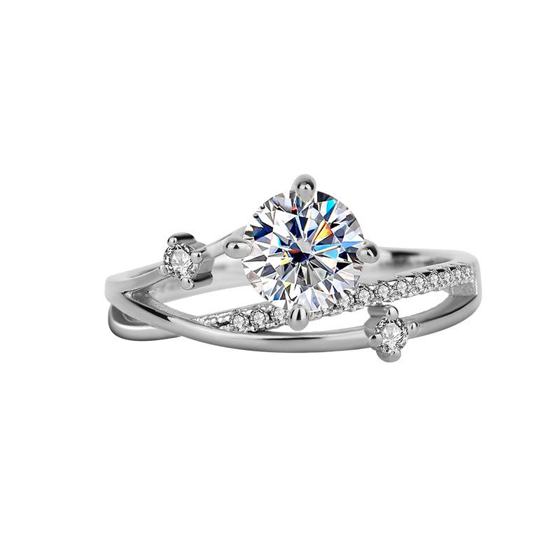 Moissanite Sterling Silver 925 Ring Women's Light Luxury Small Diamond Meteor Ring 1 Karat Double Layer 4 Grab Wedding Ring