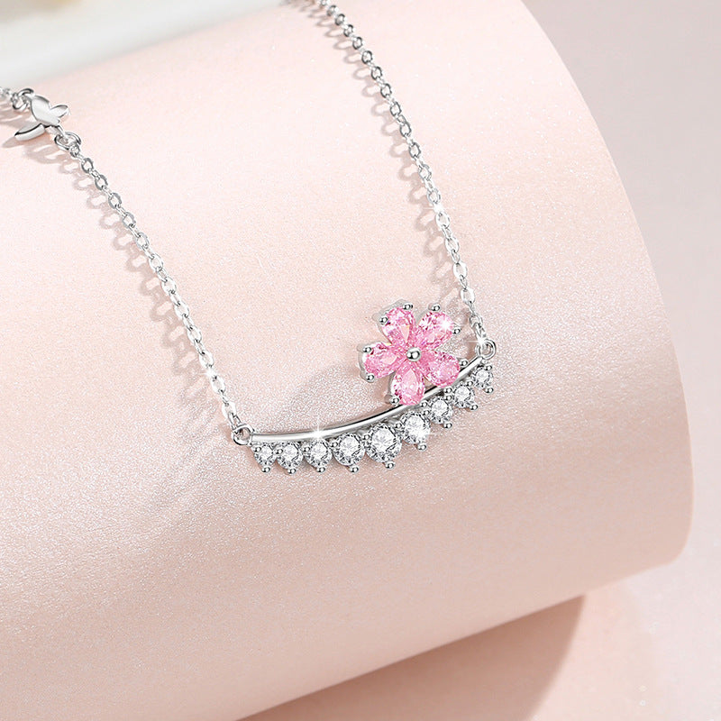 Cherry Blossom Sterling Silver 925 Necklace for Women, Niche Design, Light Luxury Zircon Clavicle Chain, INS Style Flower Pendant