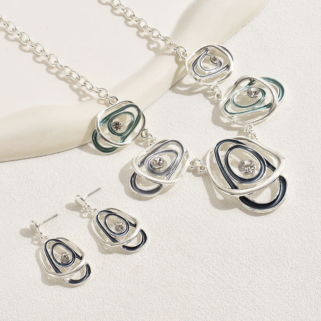 American Retro Hip Hop Earrings Long Necklace Set Personalized Dripping Oil Design Diamond Stud Earrings Light Luxury Clavicle Chain