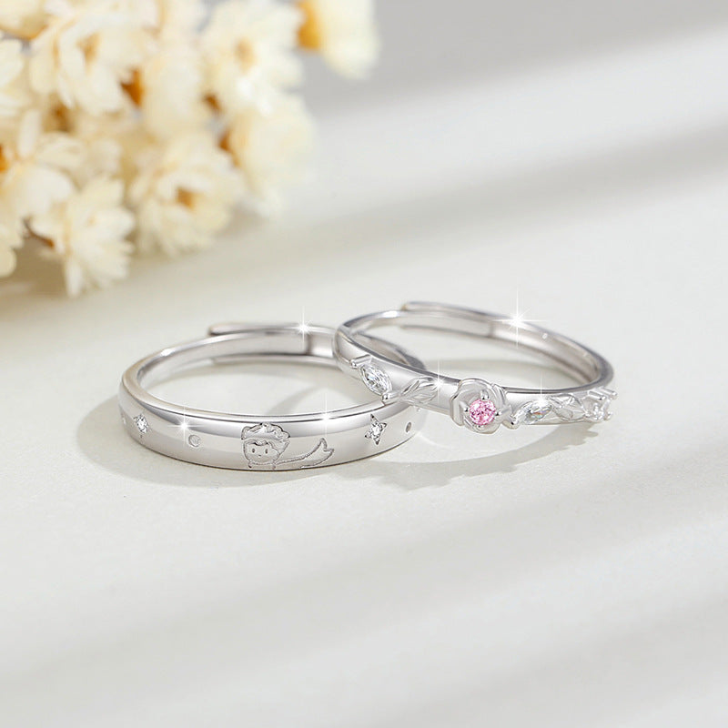 Little Prince and Rose Sterling Silver 925 Couple Ring Men and Women Fashion All-Match Pink Diamond Ring Star Pair Ring