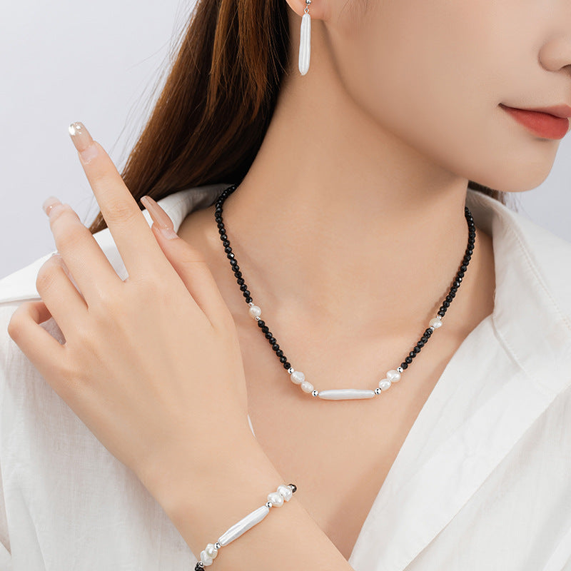 Natural Baroque Pearl Sterling Silver 925 Necklace Women's Light Luxury High-Grade Small Silver Bar Clavicle Chain Ins Style Crystal Pendant
