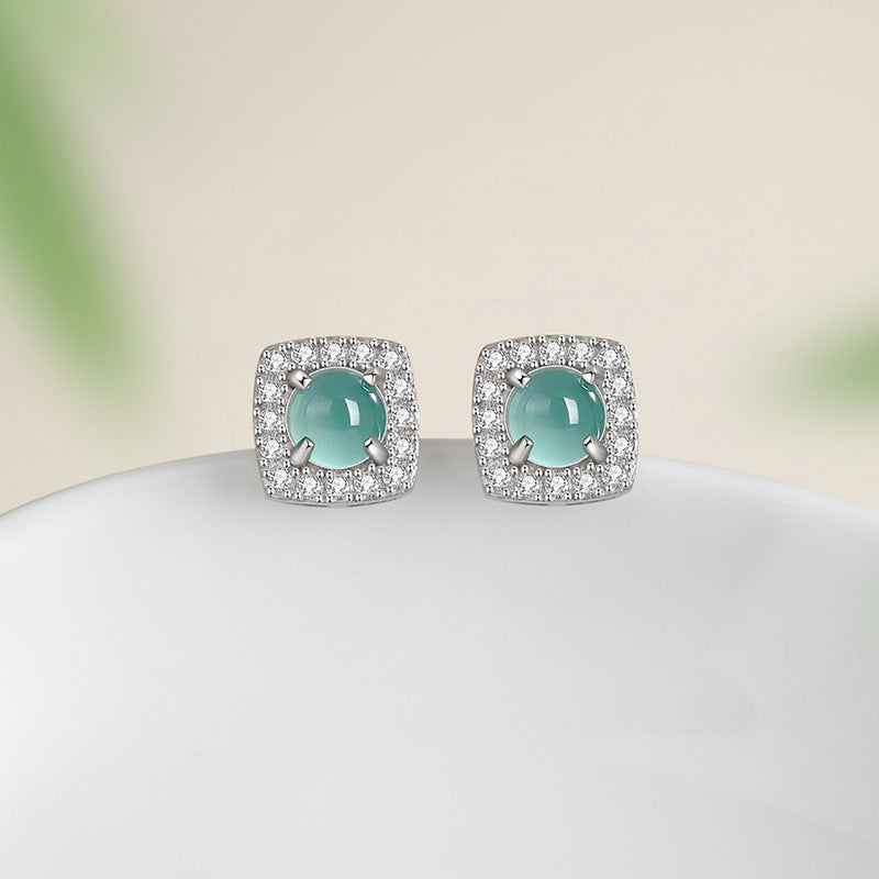 Square Sugar Sterling Silver 925 Stud Earrings Women's New Chinese Style National Fashion Natural Blue Water Dangerous Material Jade Stud Earrings Ins Style Square Earrings