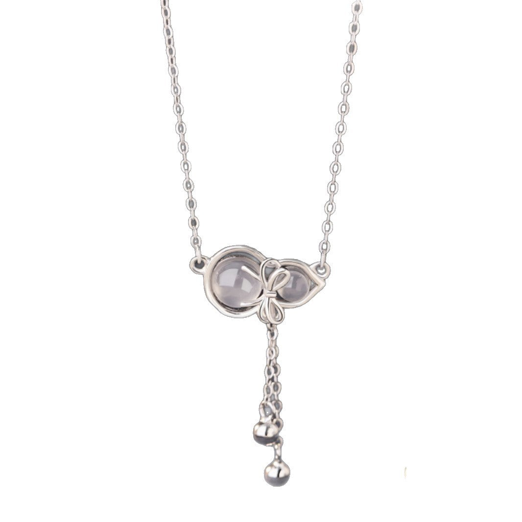 Gourd Sterling Silver 925 Chalcedony Necklace Women's High-Grade Bow Tassel Clavicle Chain Ins Lucky Clover Pendant