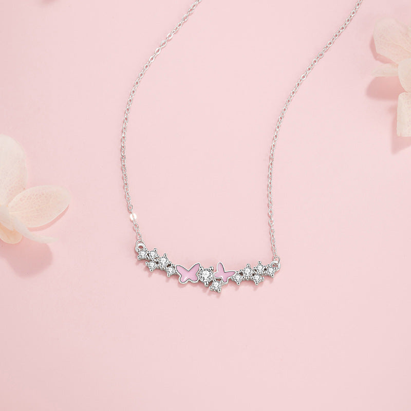 Butterfly Pure Silver 999 Luminous Necklace Female Niche Design Light Luxury Zircon Clavicle Chain Ins Style Star Pendant
