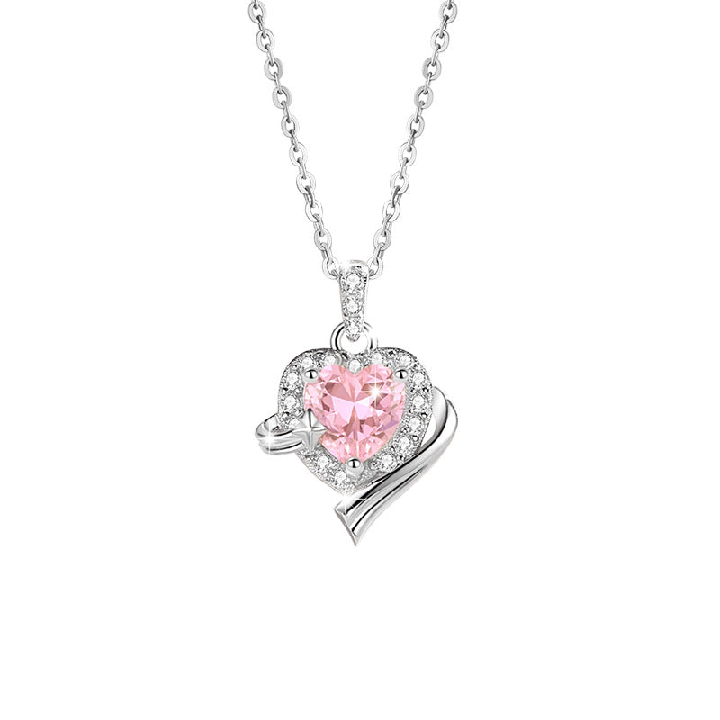 Lovely Sterling Silver 925 Necklace Female Niche Design Light Luxury Star Clavicle Chain Item Ins Pink Zircon Pendant