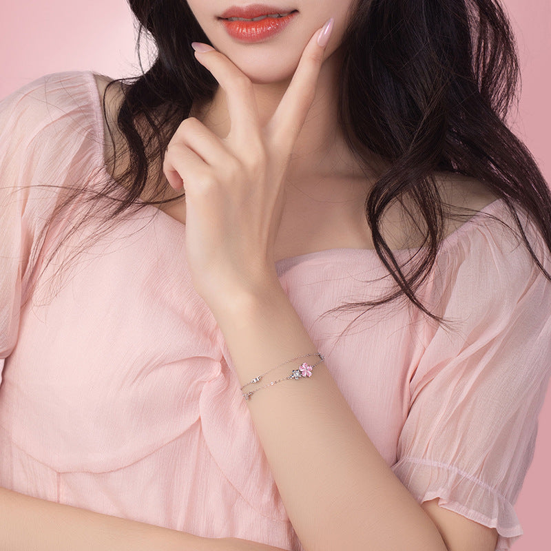 Cherry Blossom Sterling Silver 925 Bracelet Women's Fashion Versatile Pink Zircon Bracelet 520 Valentine's Day Ins Flower Bracelet
