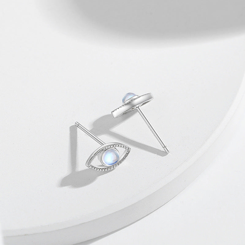 Devil's Eye Sterling Silver 925 Stud Earrings Female Niche Design Light Luxury Moonstone Earrings Ins Style Eye Earrings